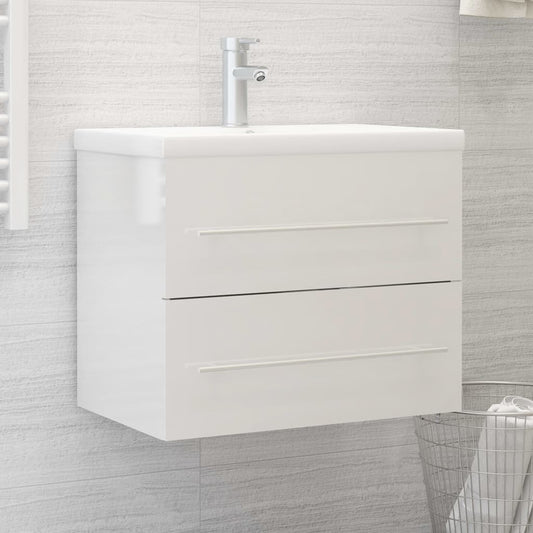 Sink Cabinet with Built-in Basin High Gloss White Engineered Wood