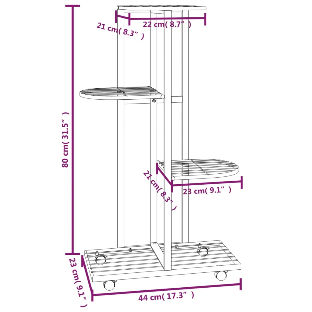 4-Floor Flower Stand with Wheels 44x23x80 cm Black Iron