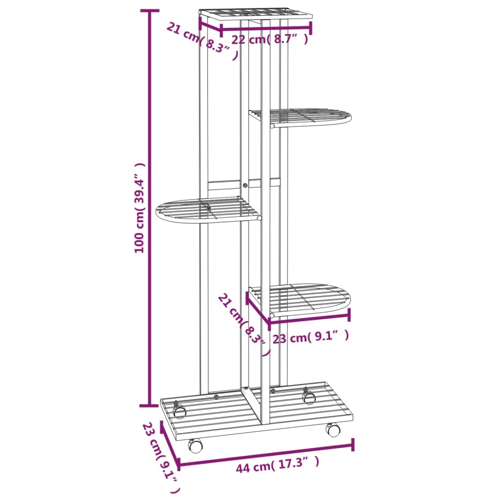 5-Floor Flower Stand with Wheels 44x23x100 cm White Iron