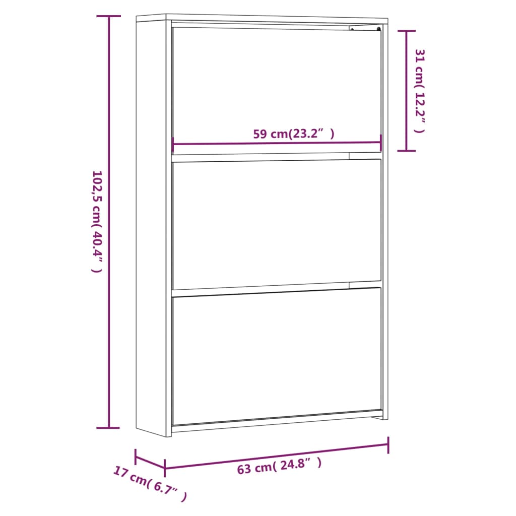 Shoe Cabinet with Mirror 3-Layer Grey Sonoma 63x17x102.5 cm