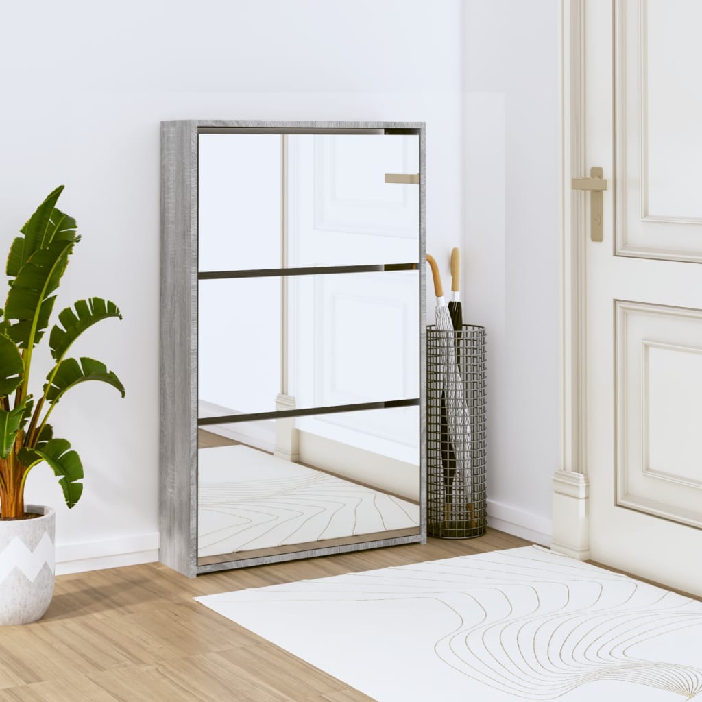 Shoe Cabinet with Mirror 3-Layer Grey Sonoma 63x17x102.5 cm