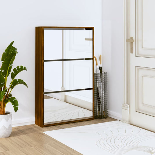 Shoe Cabinet with Mirror 3-Layer Brown Oak 63x17x102.5 cm