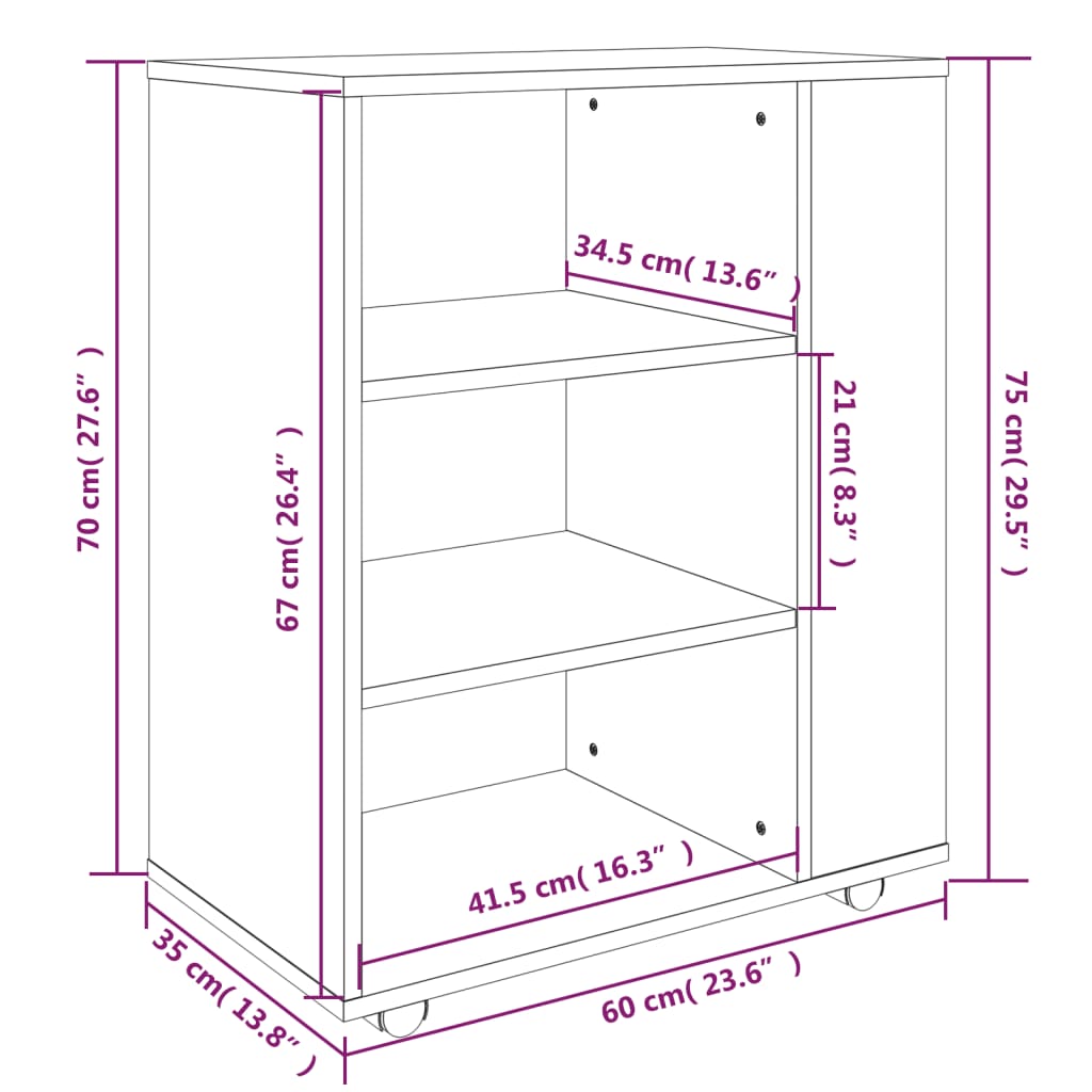 Rolling Cabinet Grey Sonoma 60x35x75 cm Engineered Wood