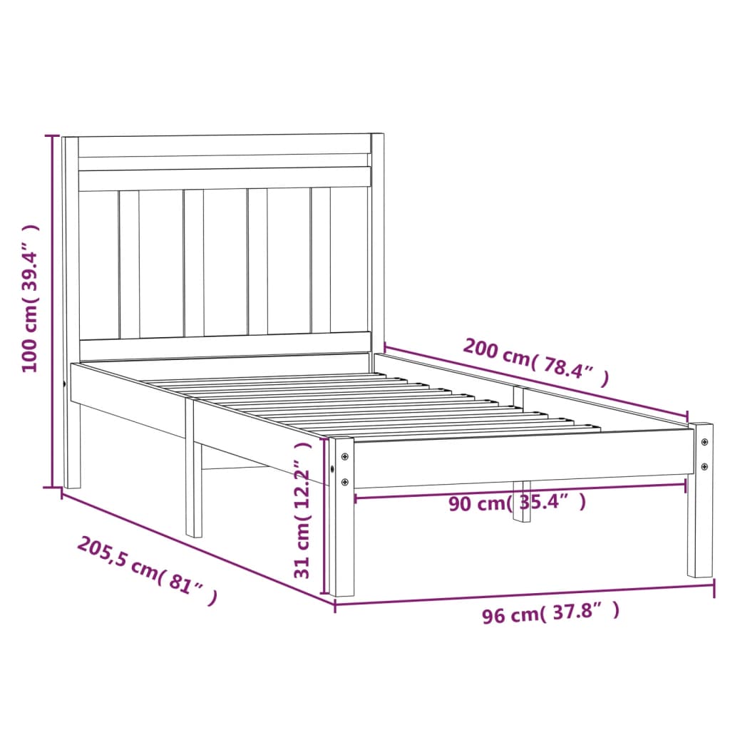 Bed Frame White Solid Wood Pine 90x200 cm