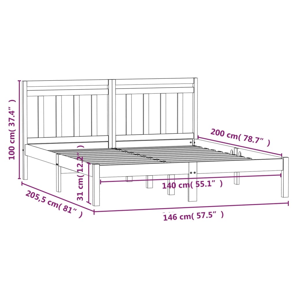 Bed Frame Black Solid Wood Pine 140x200 cm