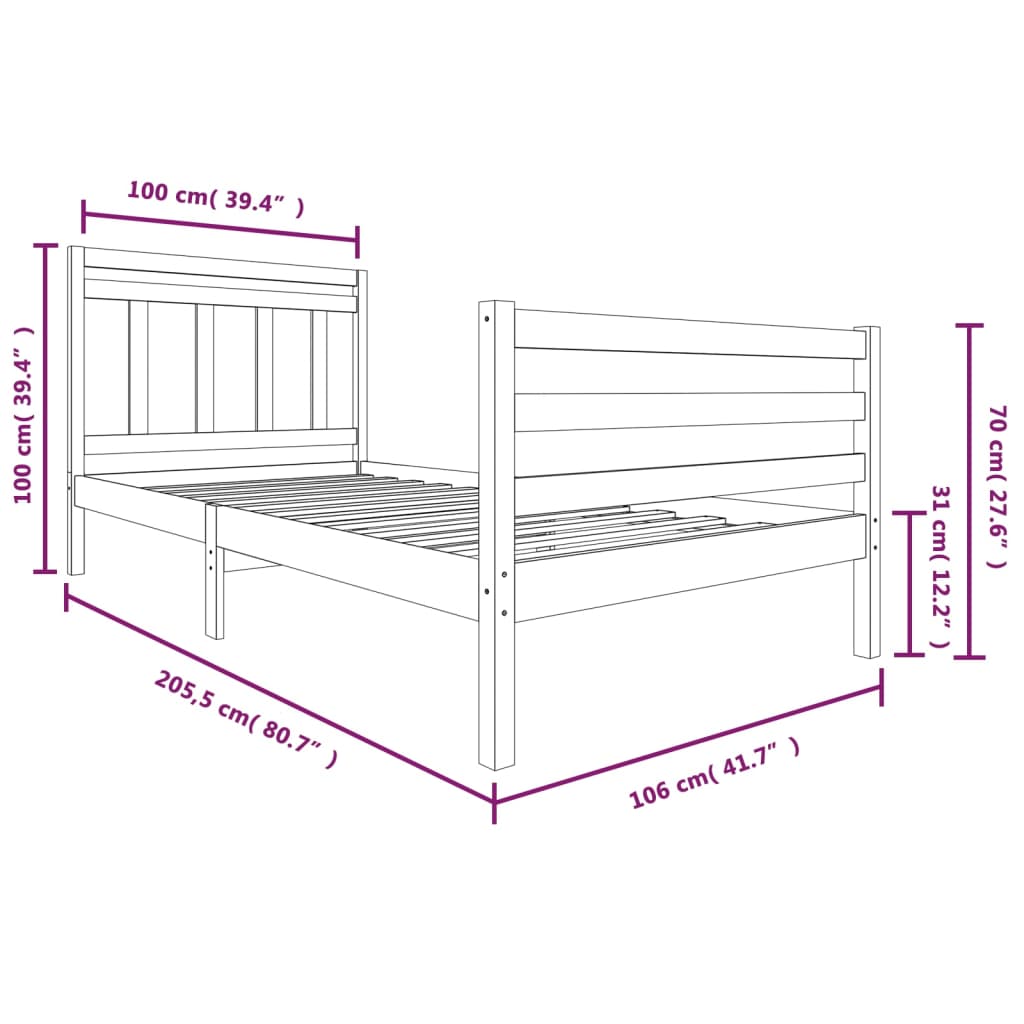 3100645 vidaXL Bed Frame without Mattress White Solid Wood 100x200 cm (810421+814080)