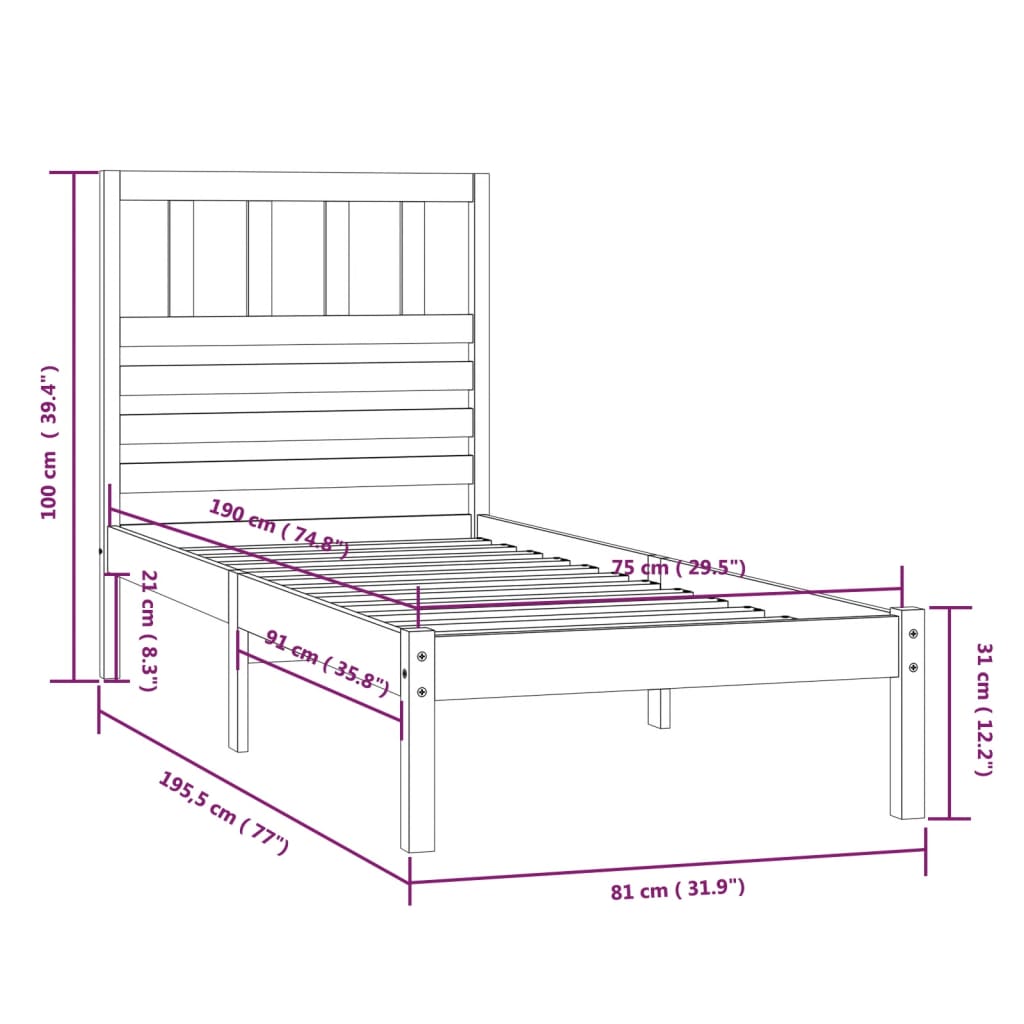 Bed Frame without Mattress White 75x190 cm Small Single Solid Wood Pine