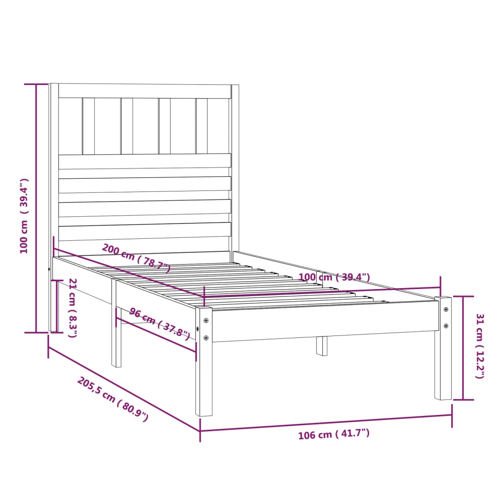 Bed Frame without Mattress Solid Wood Pine 100x200 cm