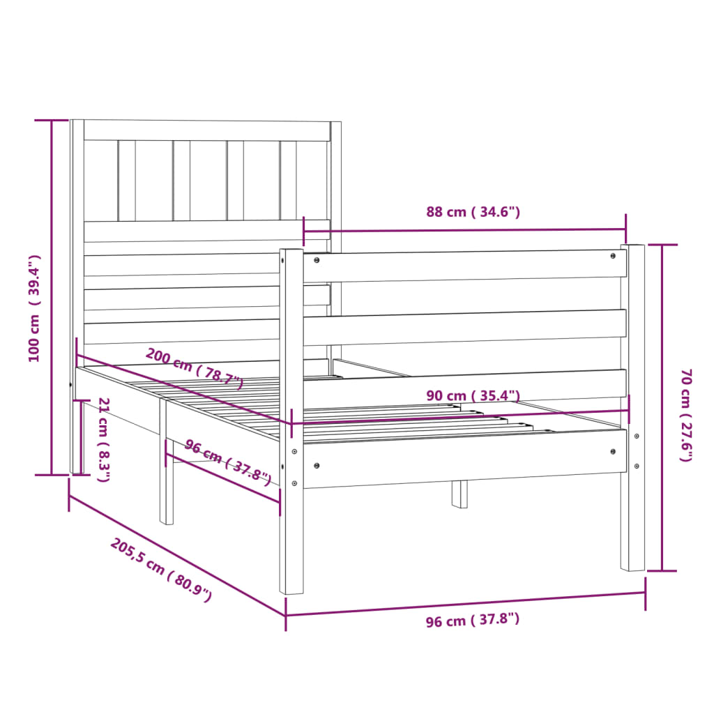 Bed Frame without Mattress Honey Brown Solid Wood 90x200 cm