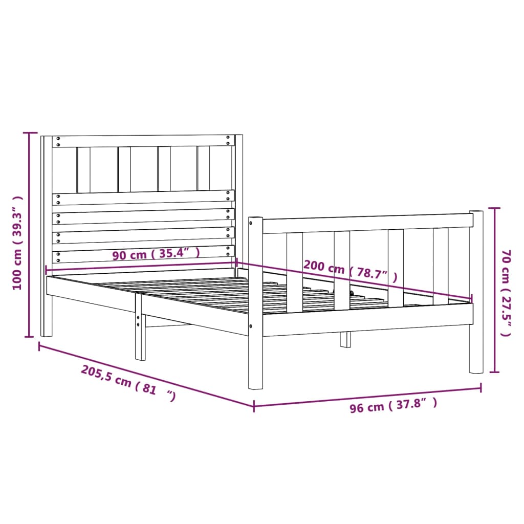 Bed Frame Black Solid Wood 90x200 cm