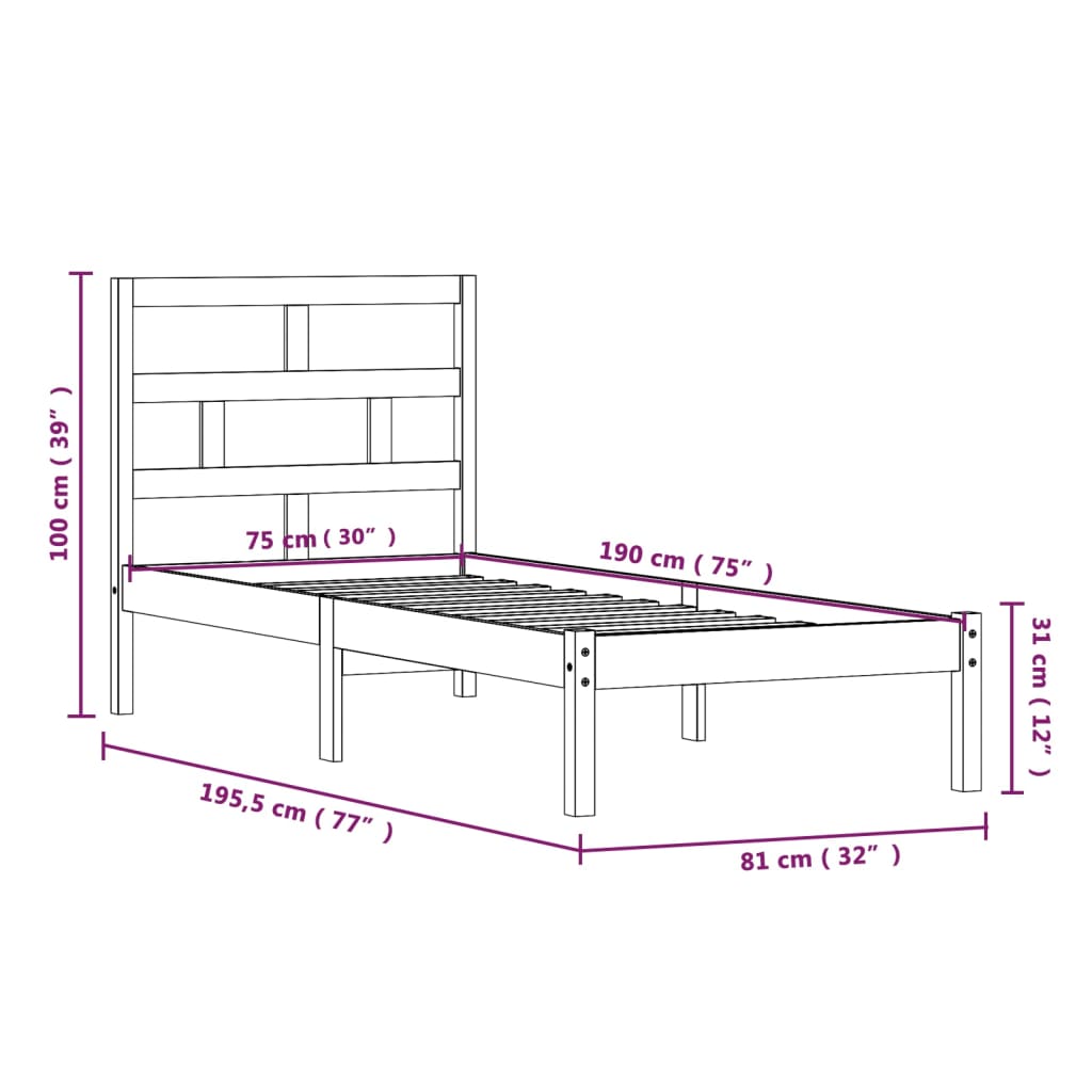 Bed Frame Black 75x190 cm Small Single Solid Wood