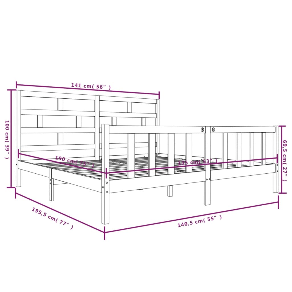 Bed Frame Black Solid Wood Pine 135x190 cm Double