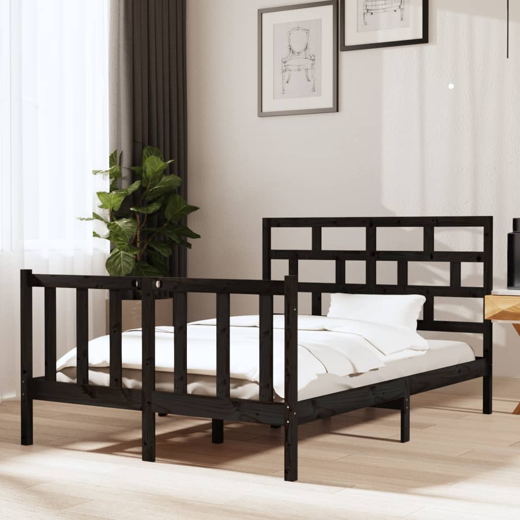 Bed Frame Black Solid Wood Pine 135x190 cm Double