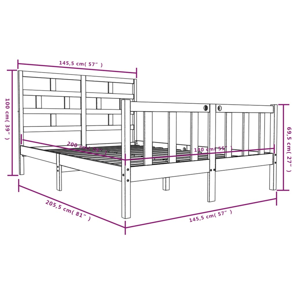 Bed Frame Black Solid Wood Pine 140x200 cm