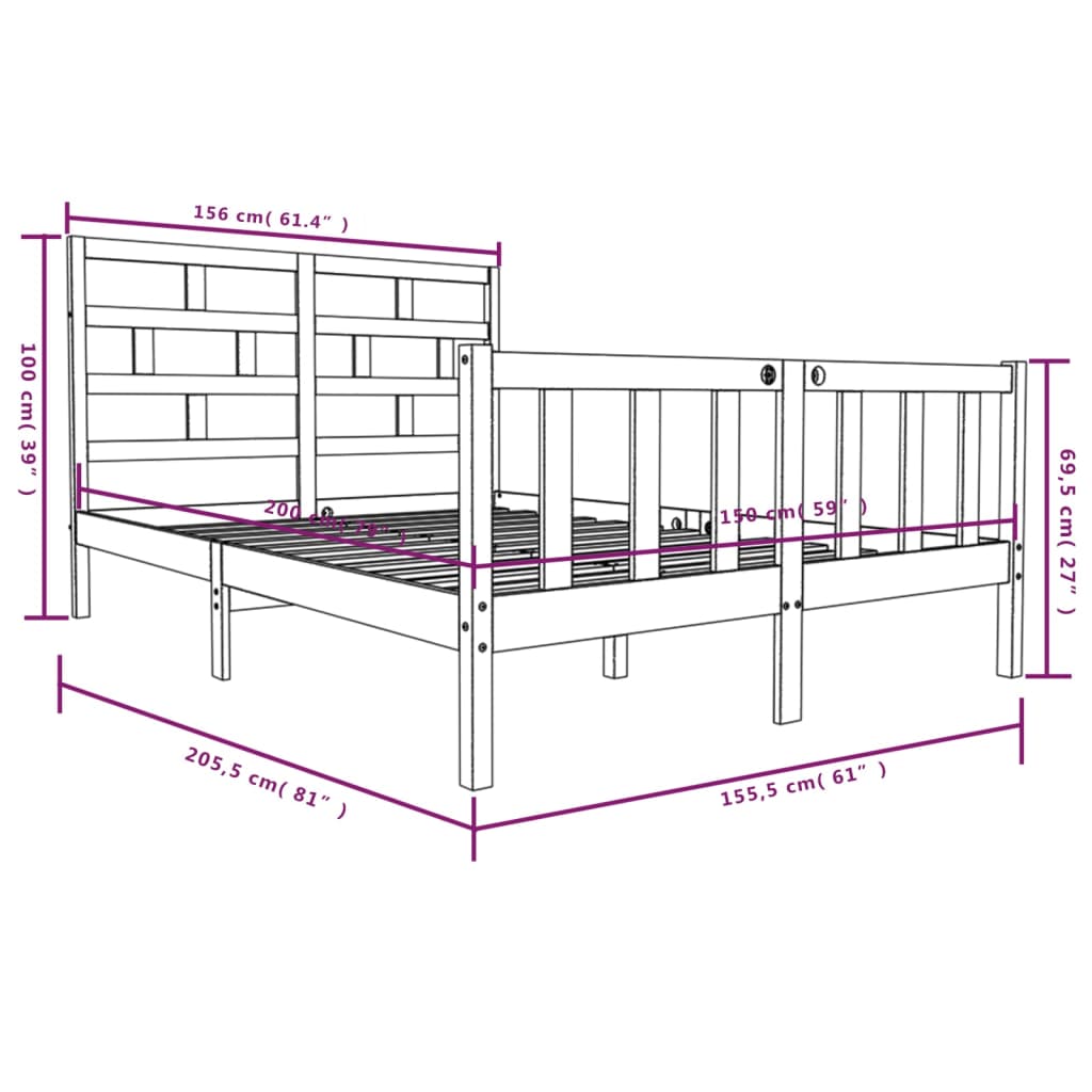 Bed Frame White Solid Wood Pine 150x200 cm King Size