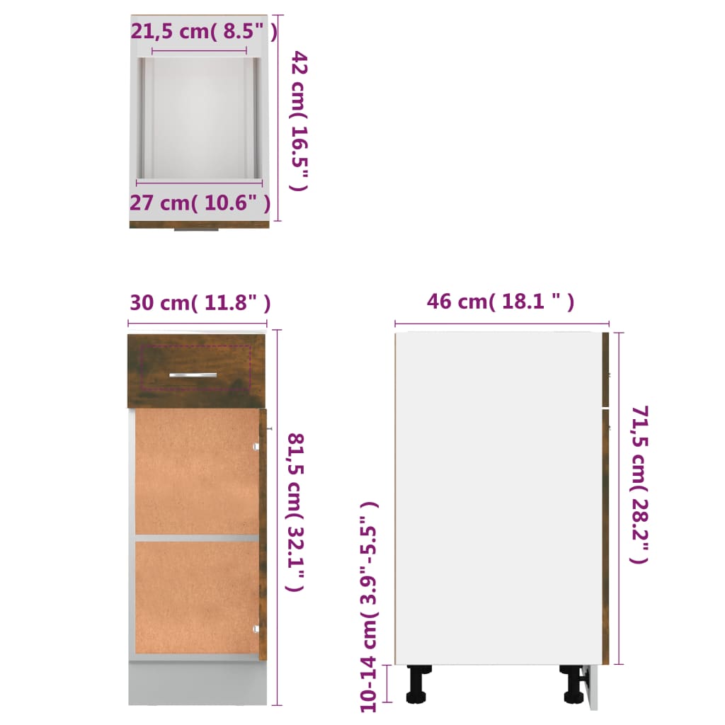 Drawer Bottom Cabinet Smoked Oak 30x46x81.5 cm Engineered Wood