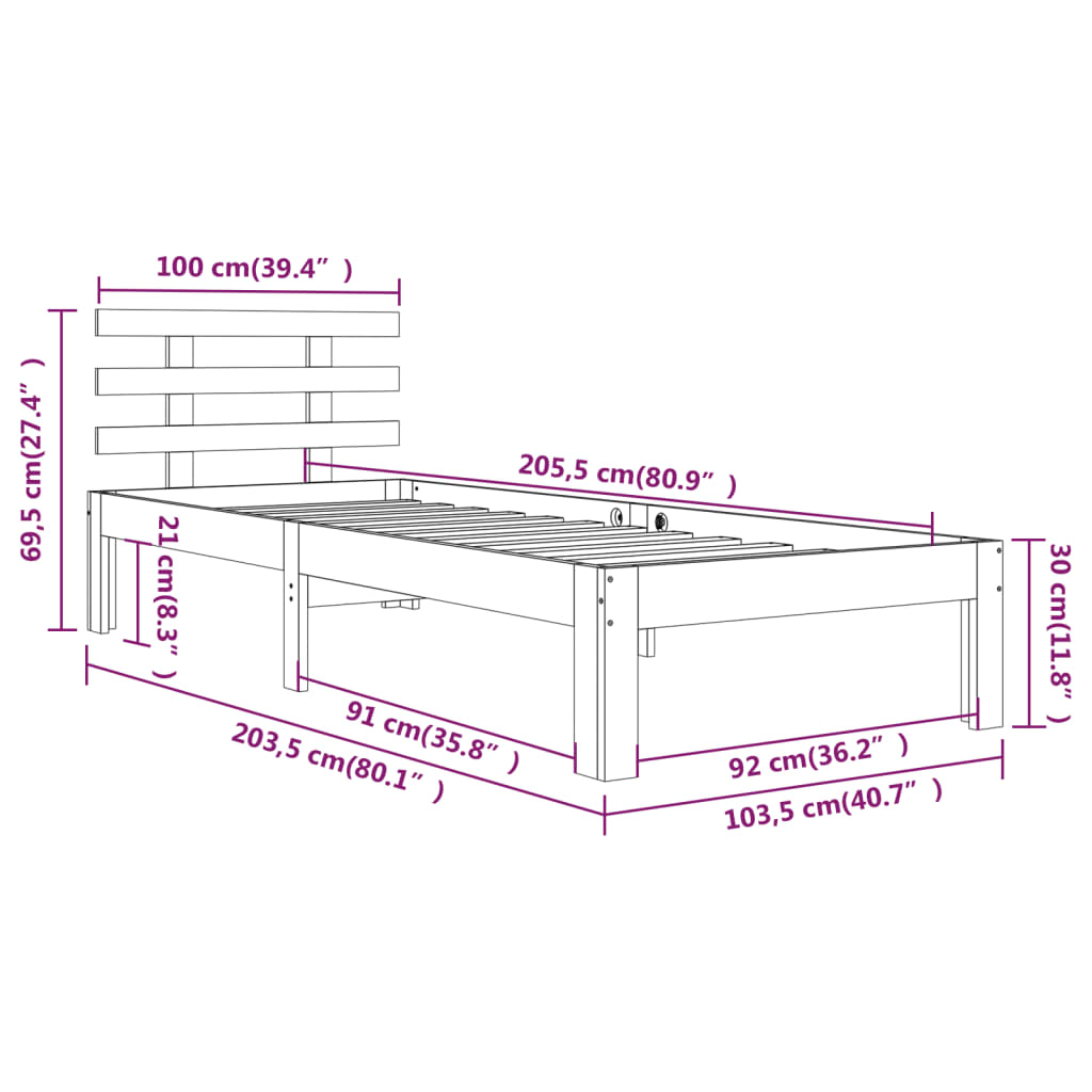 Bed Frame without Mattress Black Solid Wood 100x200 cm