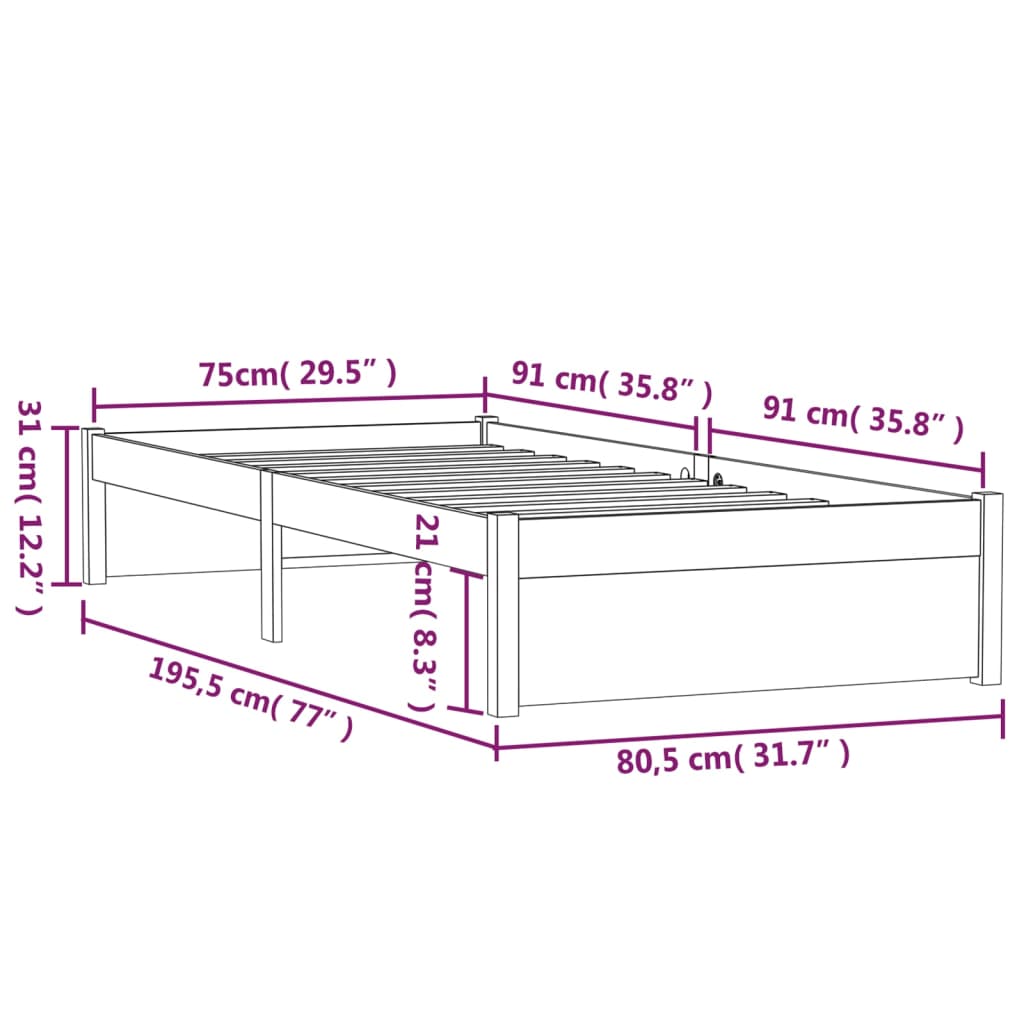 Bed Frame Grey Solid Wood 75x190 cm Small Single