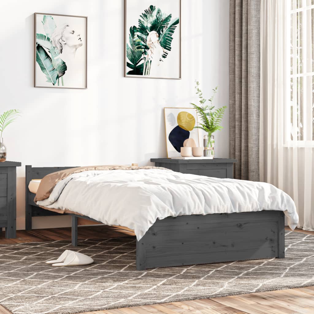 Bed Frame Grey Solid Wood 75x190 cm Small Single