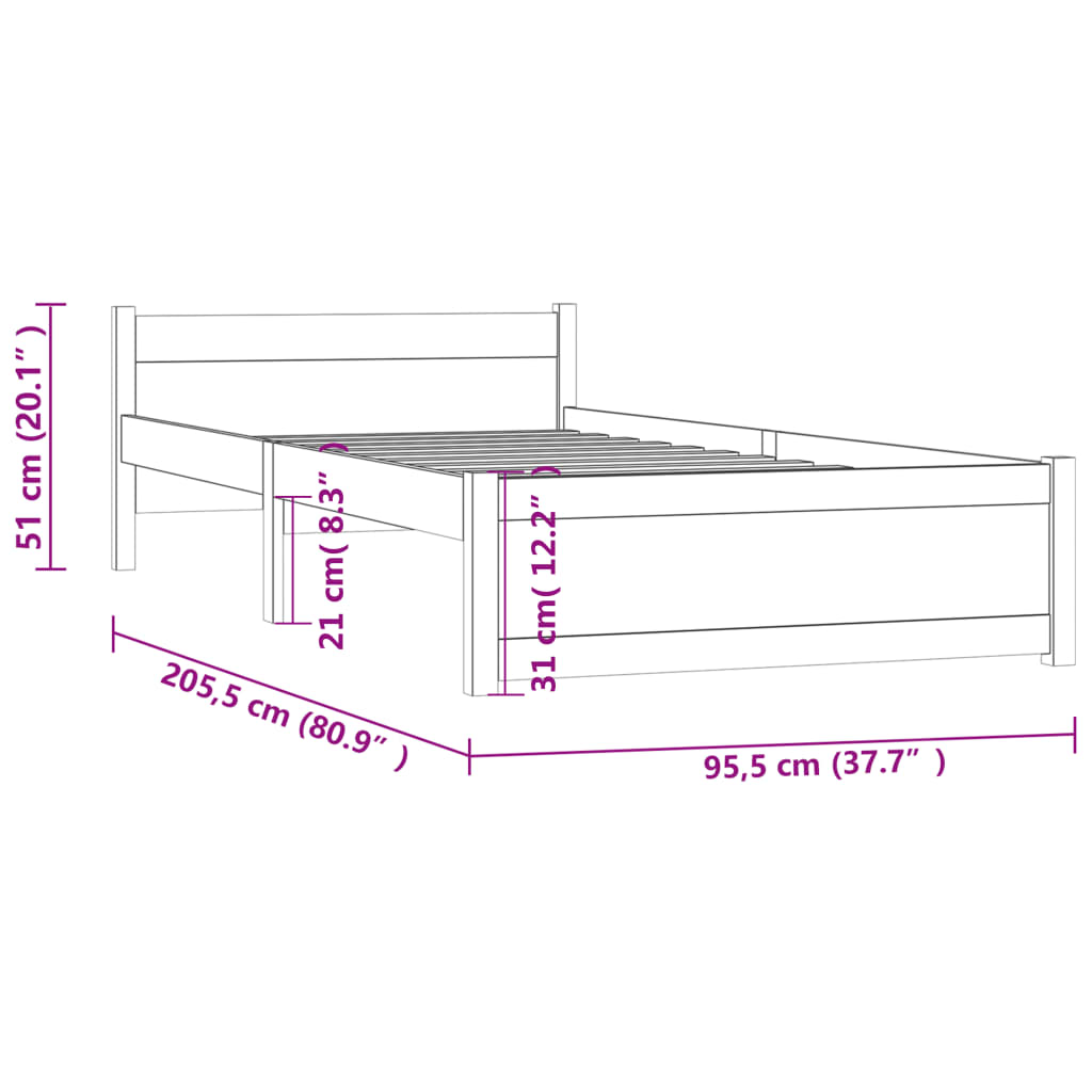 Bed Frame White Solid Wood 90x200 cm