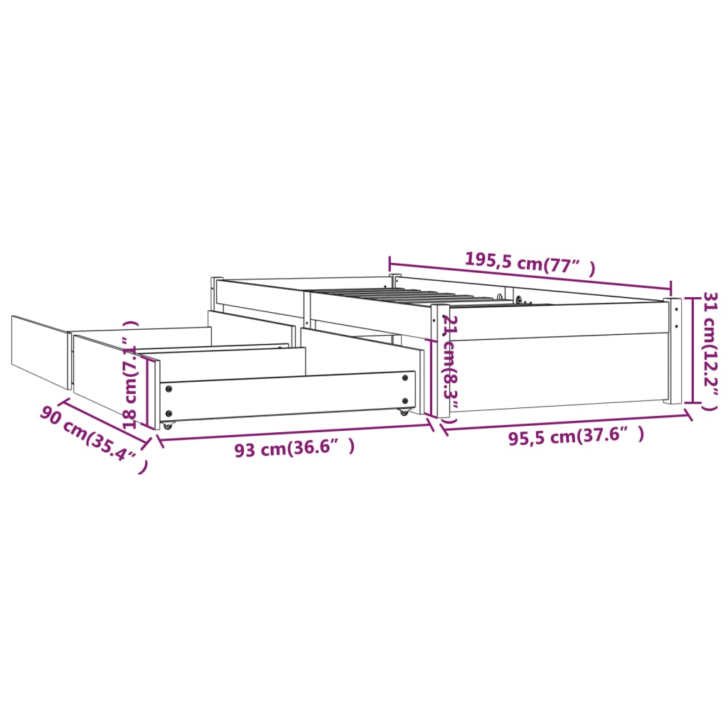 Bed Frame without Mattress with Drawers White Single