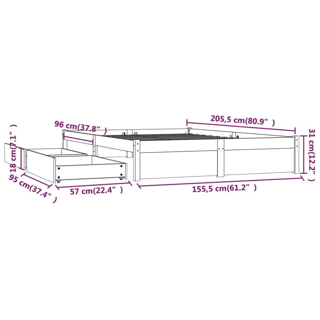 Bed Frame with Drawers White 150x200 cm King Size