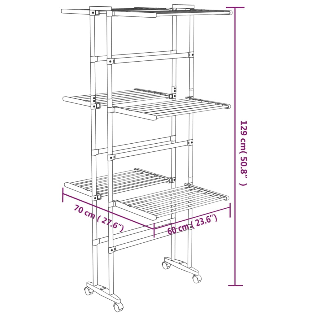 3-Tier Laundry Drying Rack with Wheels Silver 60x70x129 cm