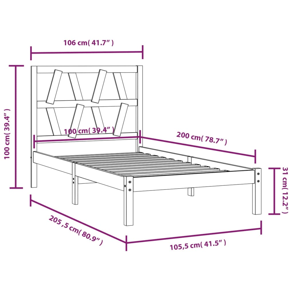 3103988 vidaXL Bed Frame without Mattress Solid Wood 100x200 cm (810007+818605)