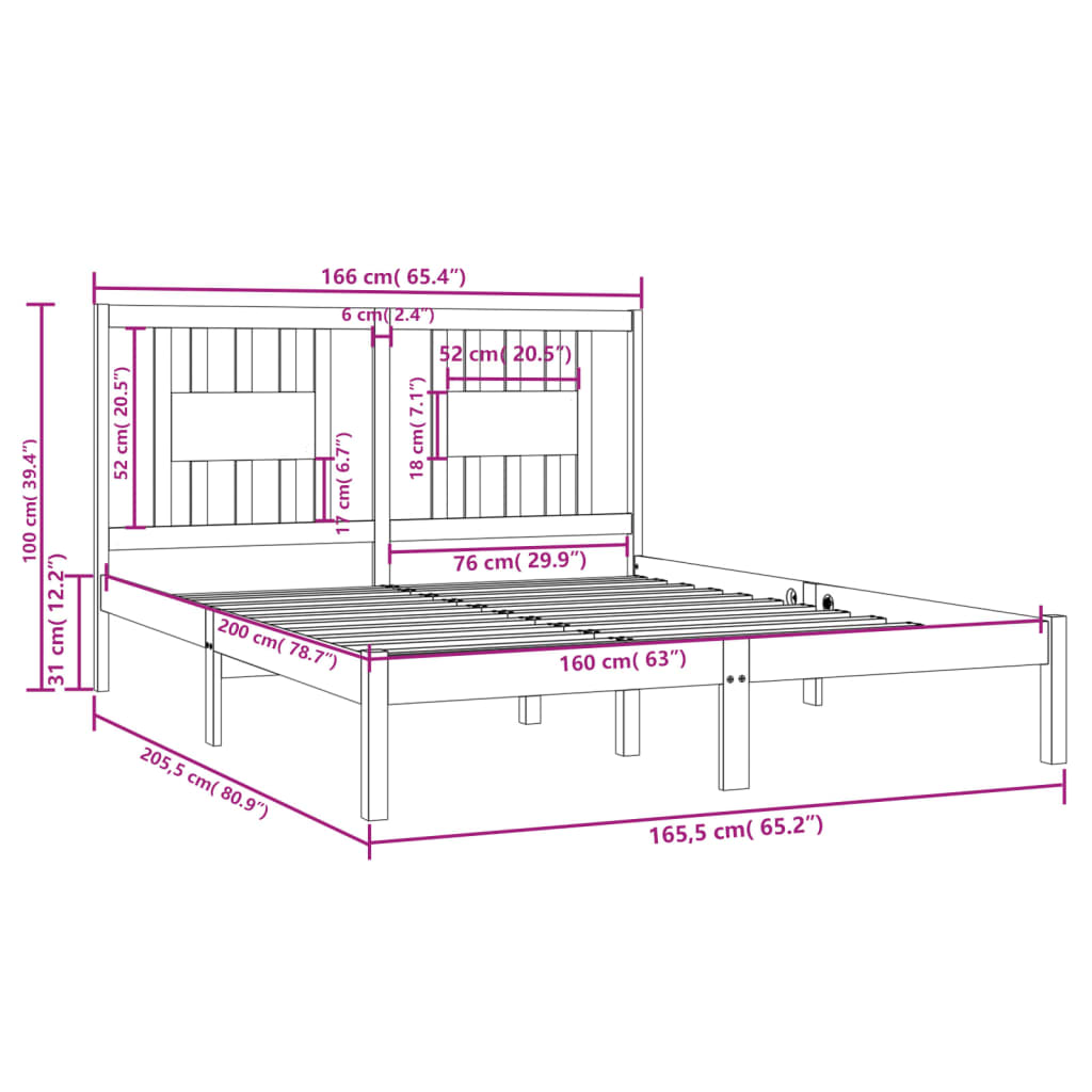 3104075 vidaXL Bed Frame without Mattress Grey Solid Wood 160x200 cm (810029+818682)