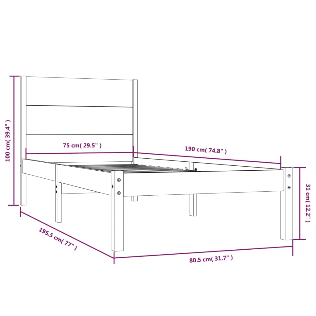 Bed Frame Black Solid Wood 75x190 cm Small Single