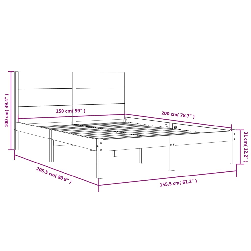 Bed Frame White Solid Wood 150x200 cm King Size