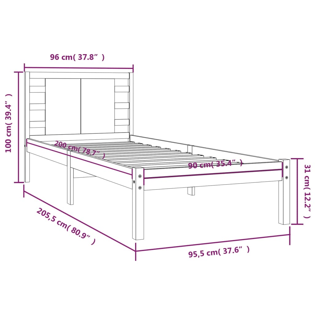 Bed Frame without Mattress White 90x200 cm Solid Wood Pine