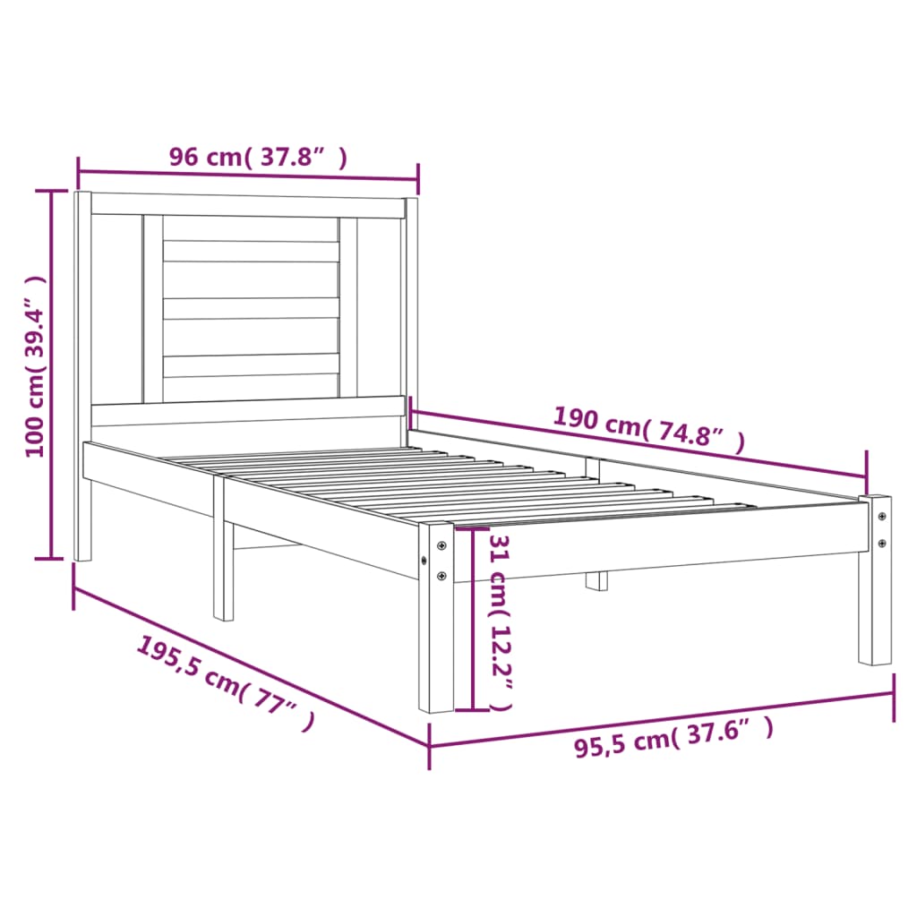 Bed Frame White Solid Wood Pine 90x190 cm Single