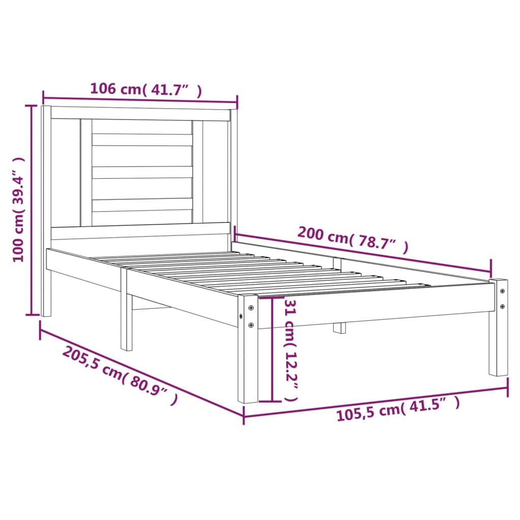 Bed Frame White Solid Wood Pine 100x200 cm