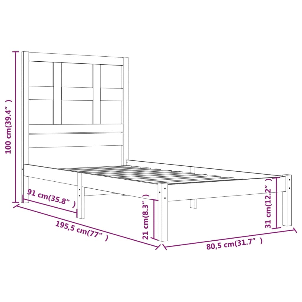 Bed Frame White Solid Wood Pine 75x190 cm Small Single