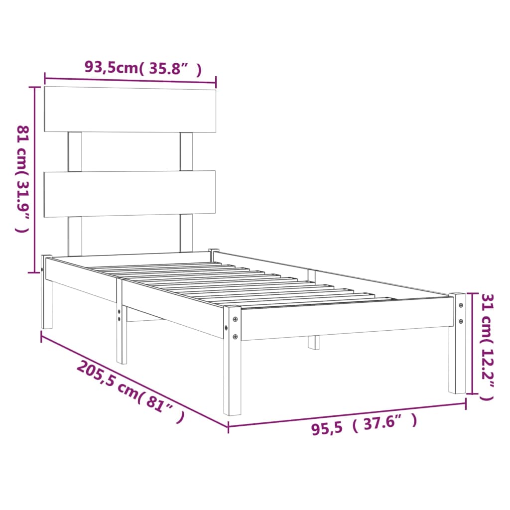 Bed Frame without Mattres 90x200 cms Solid Wood