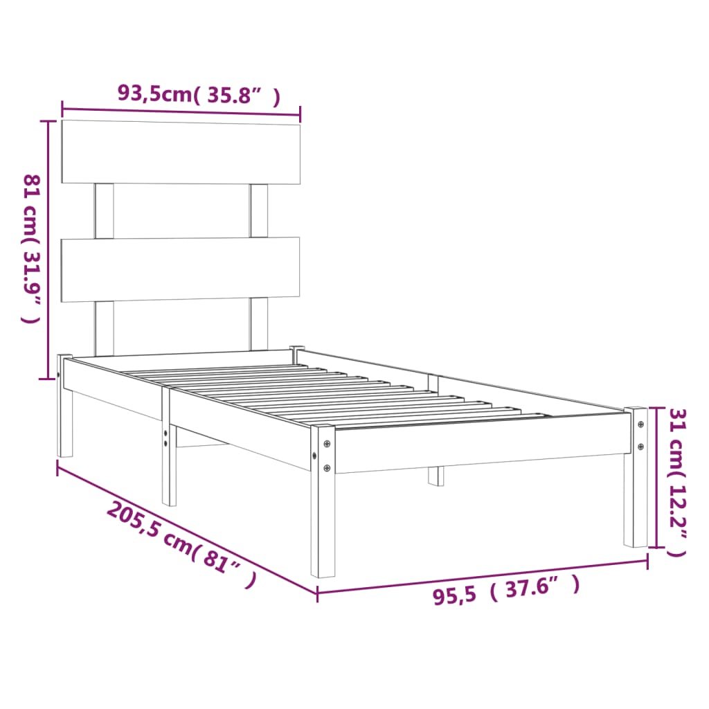 Bed Frame White Solid Wood 90x200 cm