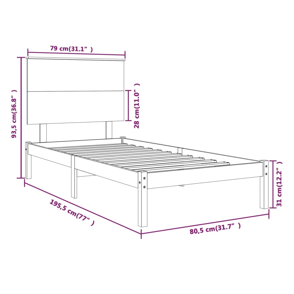 Bed Frame without Mattress Black 75x190 cm Small Single Solid Wood