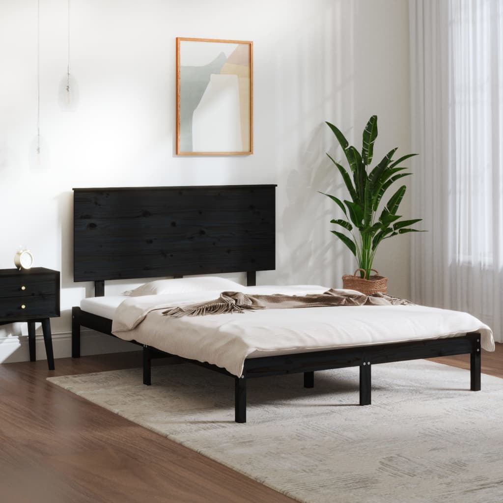 Bed Frame Black Solid Wood Pine 140x190 cm