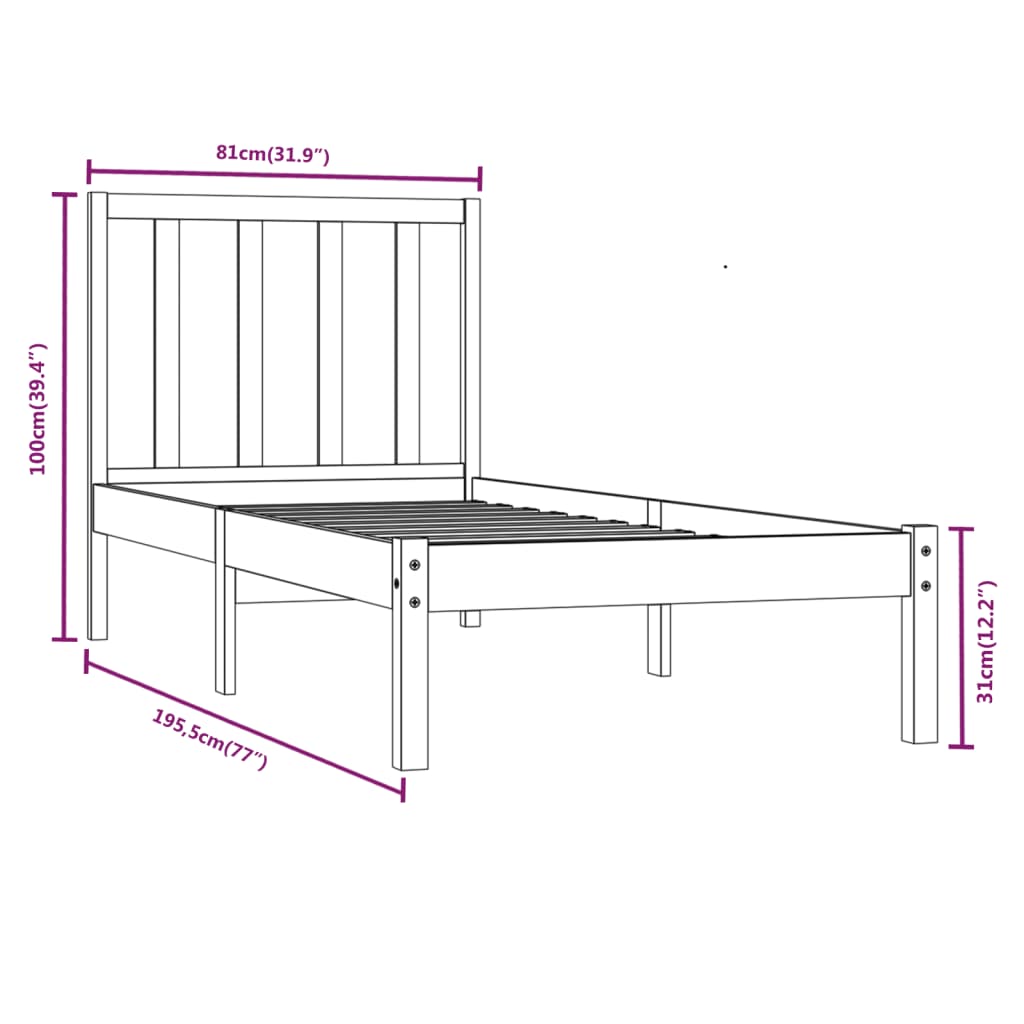 Bed Frame without Mattress Black 75x190 cm Small Single Solid Wood Pine