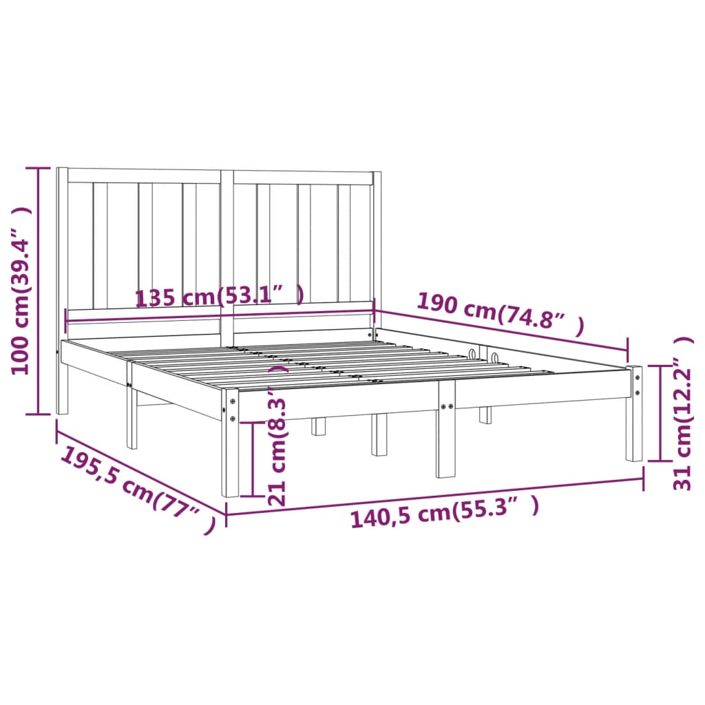 Bed Frame Solid Wood Pine 135x190 cm Double