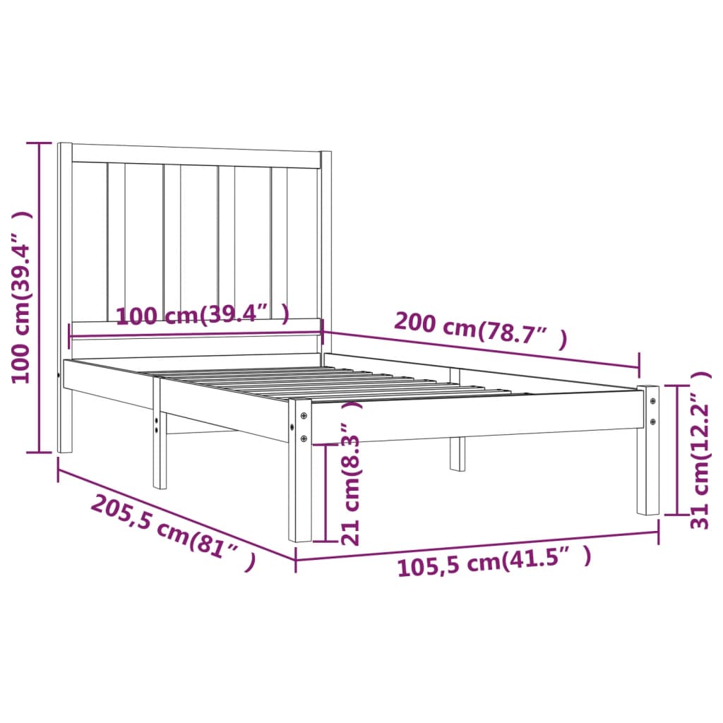 Bed Frame White Solid Wood Pine 100x200 cm