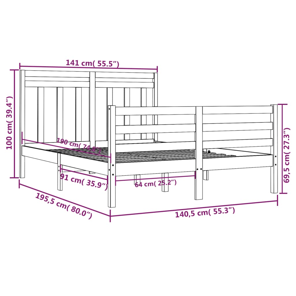 Bed Frame White Solid Wood 135x190 cm Double