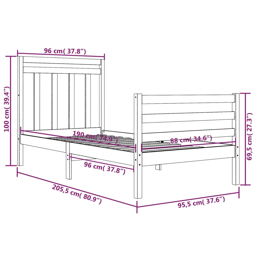 Bed Frame without Mattress Black 90x200 cm Solid Wood