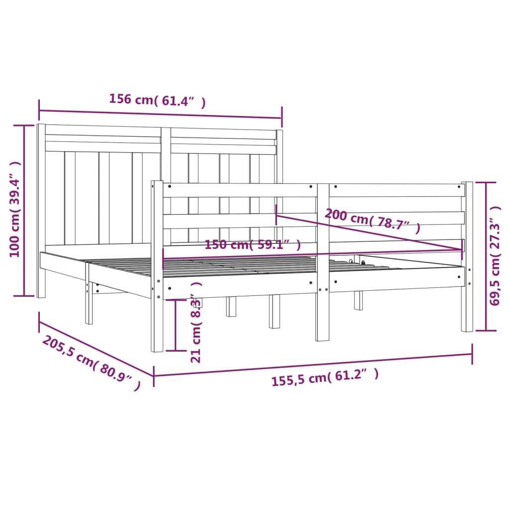 Bed Frame Solid Wood 150x200 cm King Size