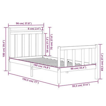 Bed Frame Black Solid Wood 90x190 cm Single