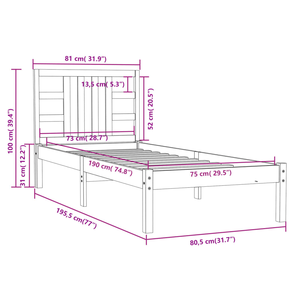 Bed Frame without Mattress White 75x190 cm Small Single Solid Wood