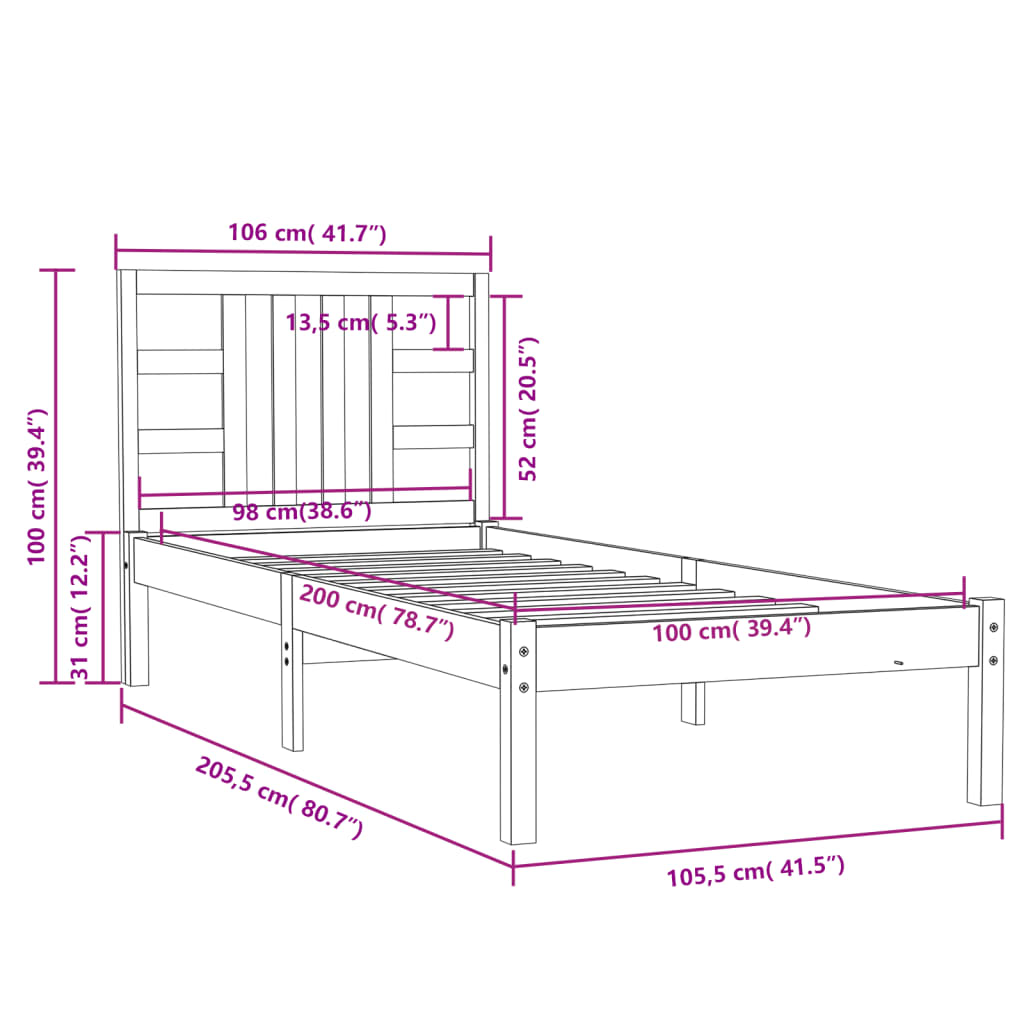 Bed Frame without Mattress Black 100x200 cm Solid Wood