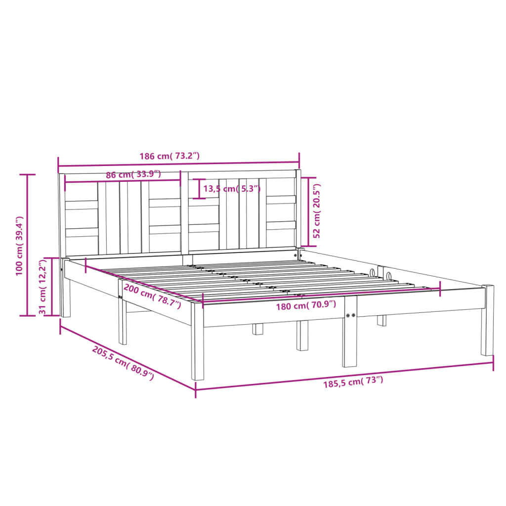 Bed Frame White Solid Wood 180x200 cm Super King Size