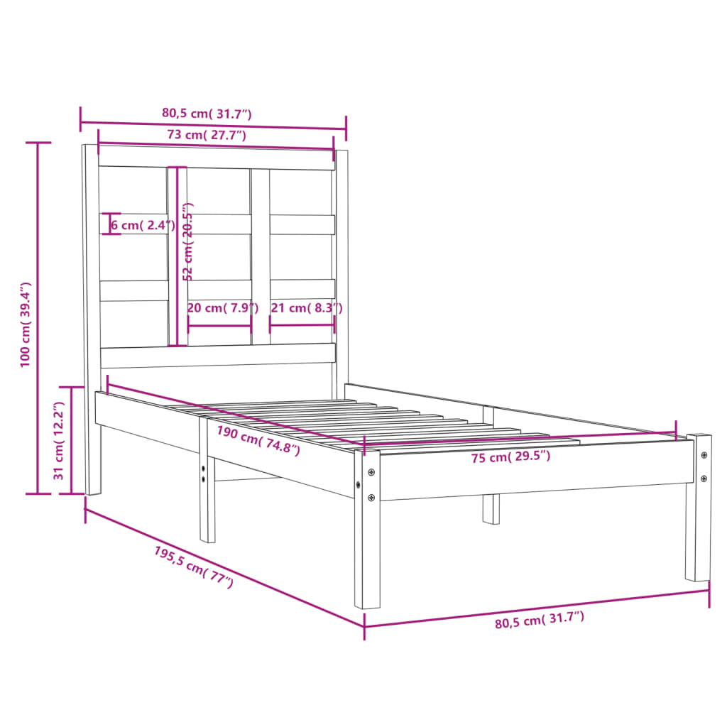 Bed Frame Solid Wood 75x190 cm Small Single